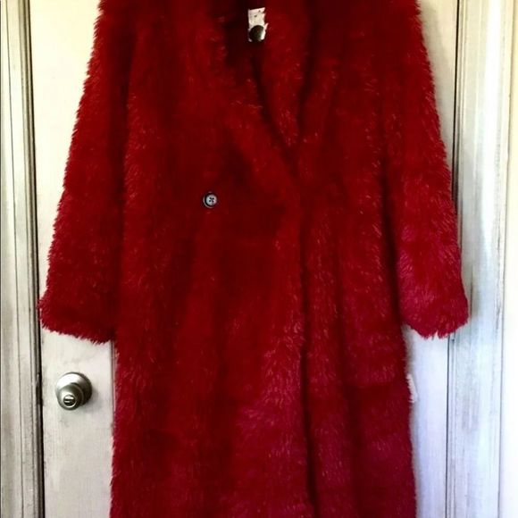 Free People Evys Faux Fur Coat Maxi Teddy Shawl Collar Plush Lined Red - Picture 6 of 7